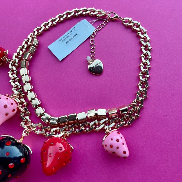 NWT Betsey Johnson Strawberry Necklace- Gold with Black, Red & Pink Strawberries - Picture 10 of 10